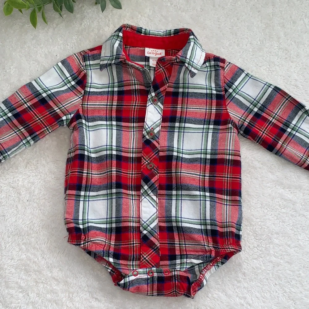 Cat & Jack Red Flannel Button Down Onesie 6-9M Baby Boy EUC